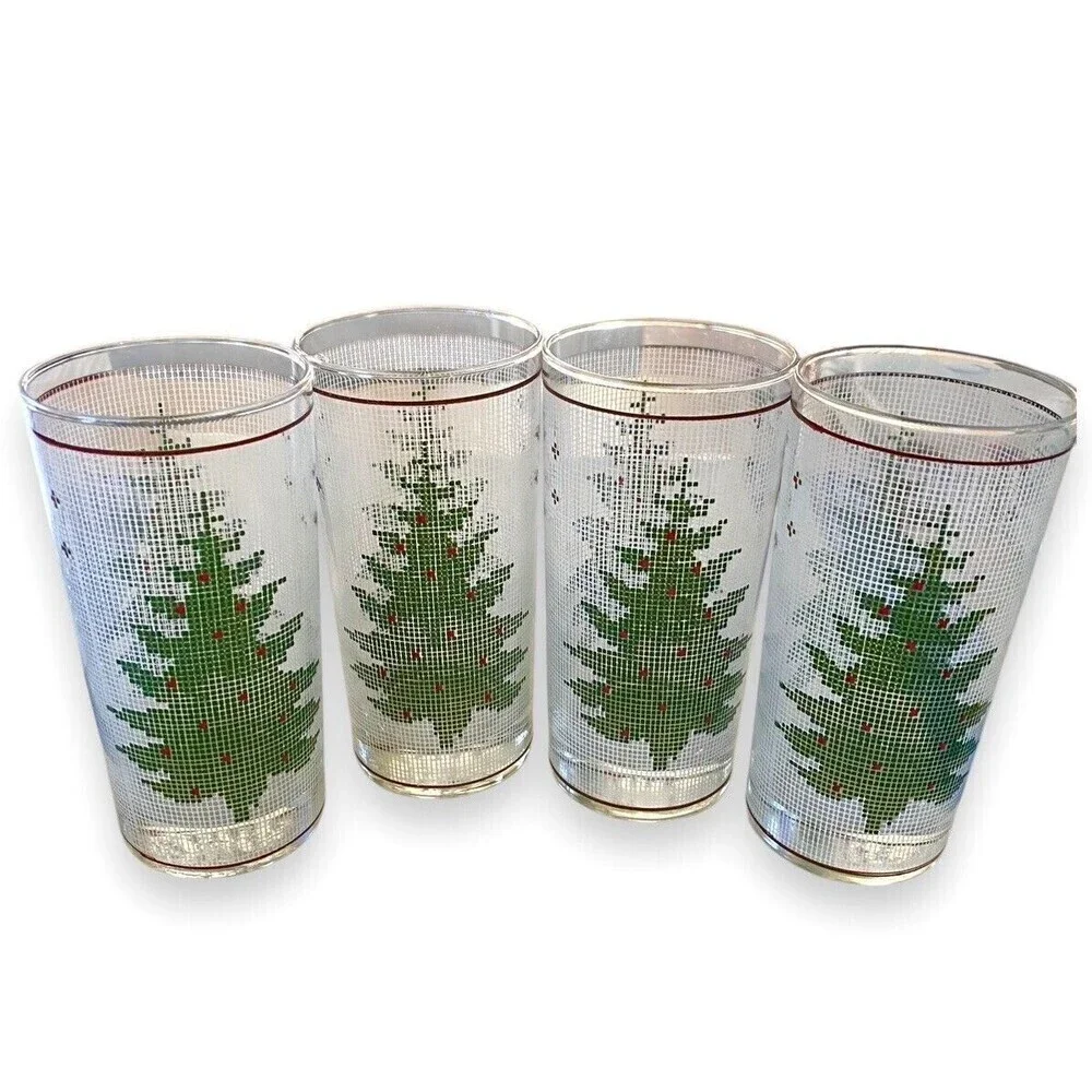 Vintage 4 pc CULVER Needlepoint Holiday Christmas Tree Glasses Highball Tumbler